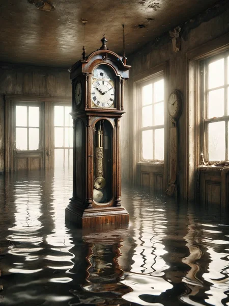 ais-fld an antique grandfather clock in an abandoned hall <lora:Flooded_SDXL:1>