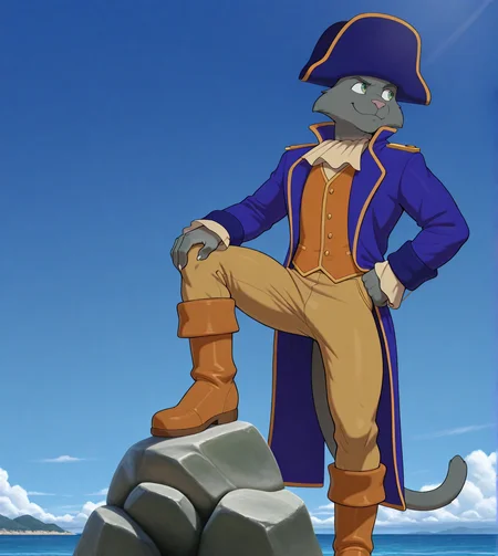 (solo), anthro, furry, male, male focus, manly, solo, captainclaw, feline, green eyes, pirate hat, vest, blue coat, upper body, smile, pose, posing, pinup, rock, pants, boots, hand on hip, raised leg, on rock, full body, looking away, BREAK masterpiece, best quality, amazing quality, very aesthetic, high resolution, ultra-detailed, absurd res, newest, scenery, <lora:CaptainClaw:1>