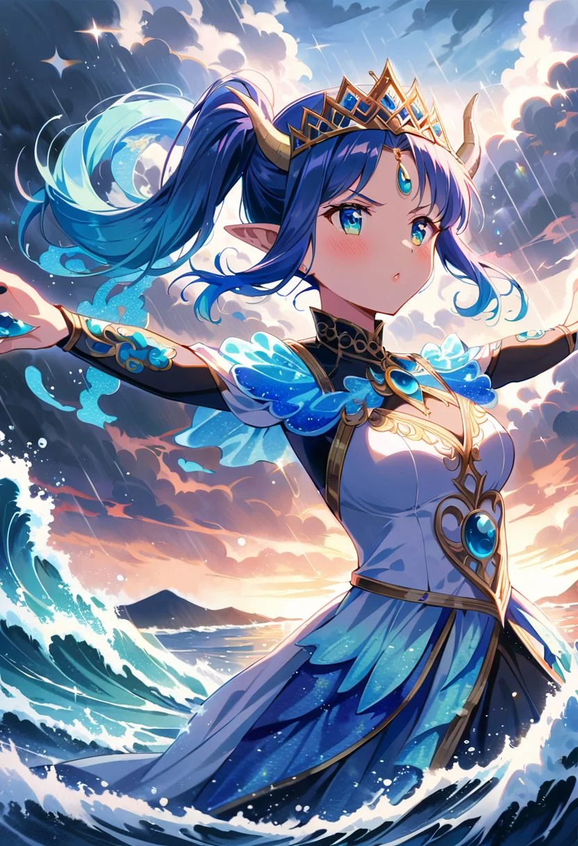masterpiece, best quality, high quality, intricate, absurdres, very aesthetic,
1girl, 1woman, dragon woman, blue dragon, water dragon, (dragon horns), blue dragon tail, short hair, side ponytail, hair above cheeks, light blue hair, aqua hairtips, gradient hair, multicolored hair, aqua eyes, medium breasts, pointy ears, outstretched arms, arms up, angry,
frilly elegant dress, water dress, crescent brooch, crescent earrings, crescent accessories, tiara, diadem,
glossy lips, full eyelashes, blush, cute makeup,
(sparkles, sparkling clothes, sparkling eyes), sparking water,
ocean, intricate background, waves, wave crash, tsunami, raging ocean, (storm, rain:1.2), heavy rain, stormy waters, dark clouds, bubbles, mist, water magic,
wide angle shot, (cowboy shot), cinematic style, highly detailed, extremely detailed, sharp detail, majestic, shallow depth of field, movie still, hard light, circular polarizer, colorful, wallpaper, professional, anime