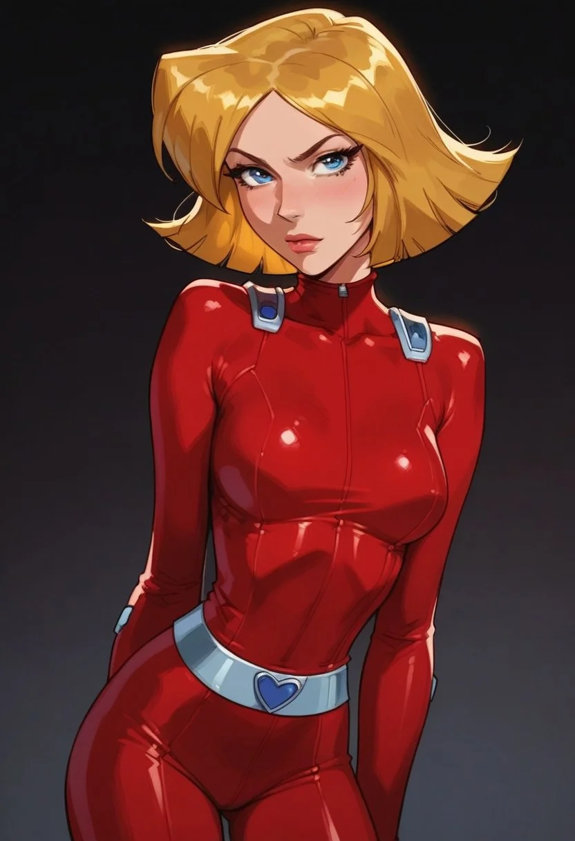 masterpiece,best quality, highly detailed, score_9, score_8_up, score_7_up, score_6_up, source_cartoon, BREAK, 1 girl, cloverts, \(totally spies\), blonde hair, blue eyes, red bodysuit