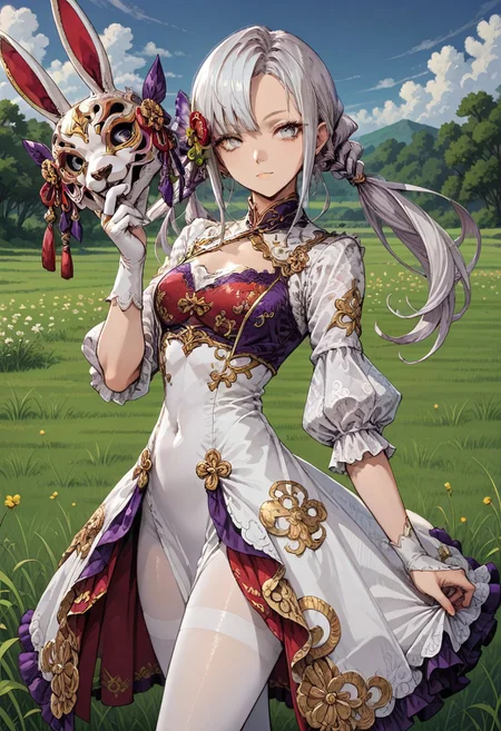 score_9, score_8_up, score_7_up,source anime,highly detailed, from side, looking at viewer, eresnick,1girl,solo,dress,long hair,white dress, red yellow and purple accessory,hair ornament,twintails,grey eyes,pantyhose,white hair,covered navel,bridal gauntlets,white pantyhose
,purple and red bra, outdoor, sky, grass field,holding a mask, spread dress,yellow spots