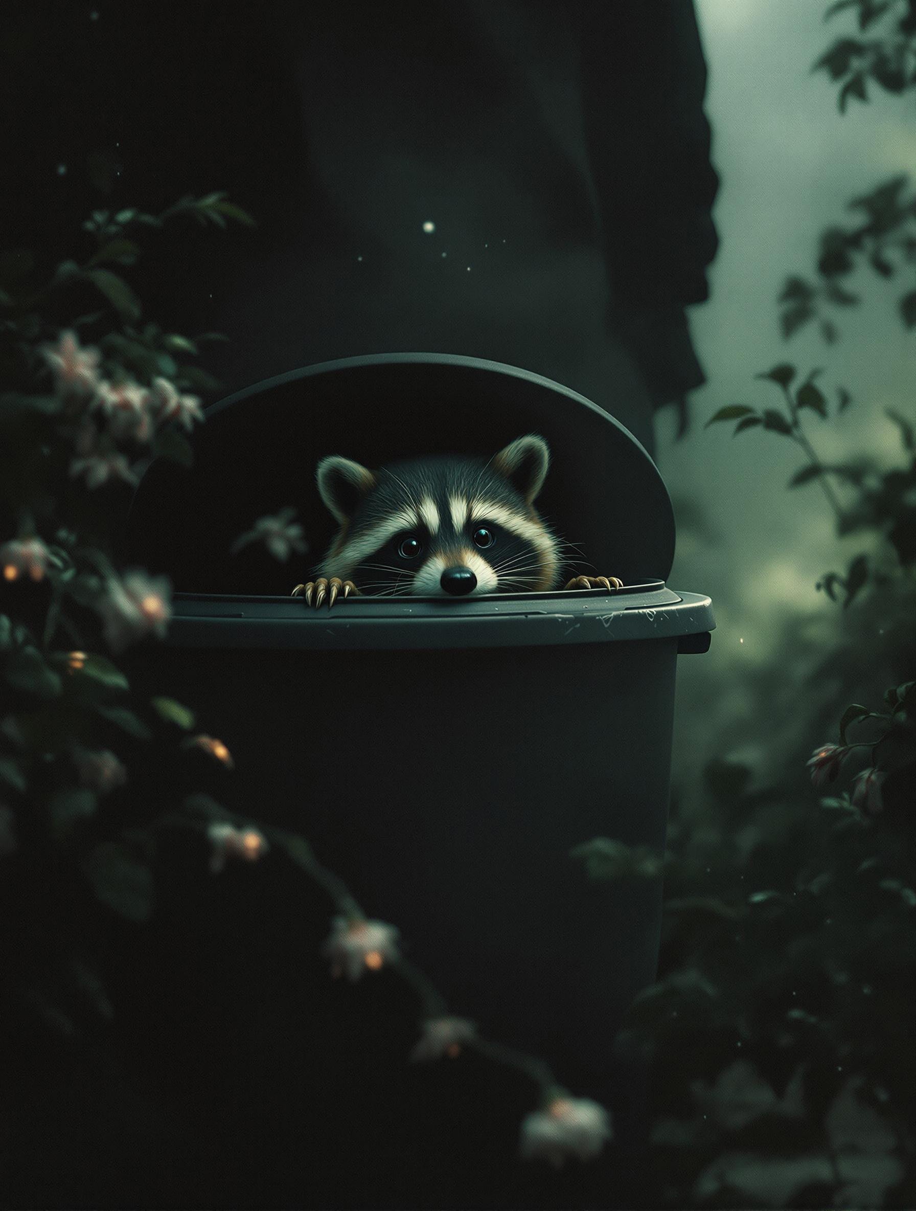 An enigmatic composition bathed in soft, diffused light, blending whispers of surrealism and melancholia. The scene unfolds in a cinematic atmosphere where subtle textures and delicate grains add depth, while the interplay of light and shadow enhances the quiet intensity of the moment. A subdued color palette merges with ethereal haze, evoking a dreamlike quality and timeless stillness. The central subject –A mischievous raccoon hides behind a trash can lid, peeking out with wide eyes as a  homeowner stomps into view.– is delicately framed, their presence balanced between mystery and intimacy. Surrounding elements, rich in symbolic undertones, anchor the narrative in an otherworldly context. Organic details like softly swaying flora or faintly glowing surfaces contrast with stark, haunting figures, creating a juxtaposition that is both poignant and surreal. The composition invites introspection, with negative space amplifying the mood's resonance. Every detail, from the atmospheric depth to the muted highlights, serves to craft an image that feels suspended in an emotional, poetic realm, steeped in quiet nostalgia.
surreal style