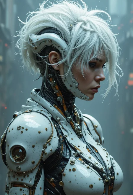 A beautiful woman with very short white hair, dressed in complex white futuristic armor, chaotic universe, gloomy atmosphere, fog, double exposure glitch style, profile pose, graceful and sad, engraved contours style Igor Maikov, Marc Sylvestri, Alyssa Monks , Brian Froud highlight the figure, Tom Lovell's narrative depth inspires digital painting, intricate details (based on an illustration by Muirart-Deviant art)