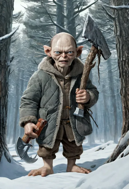 Gollum from "The Lord of the Rings", a small, thin creature with a large bald head and elongated ears. He is dressed in a gray quilted jacket, a fur hat with earflaps and felt boots. In his hands, the creature holds an old chainsaw, from which comes thick exhaust. The action takes place in a snowy pine forest of Siberia, against the backdrop of snowdrifts and a frosty winter sky. A huge pine trunk, covered in frost, cracks under the pressure of the saw. The Lord of the Rings style