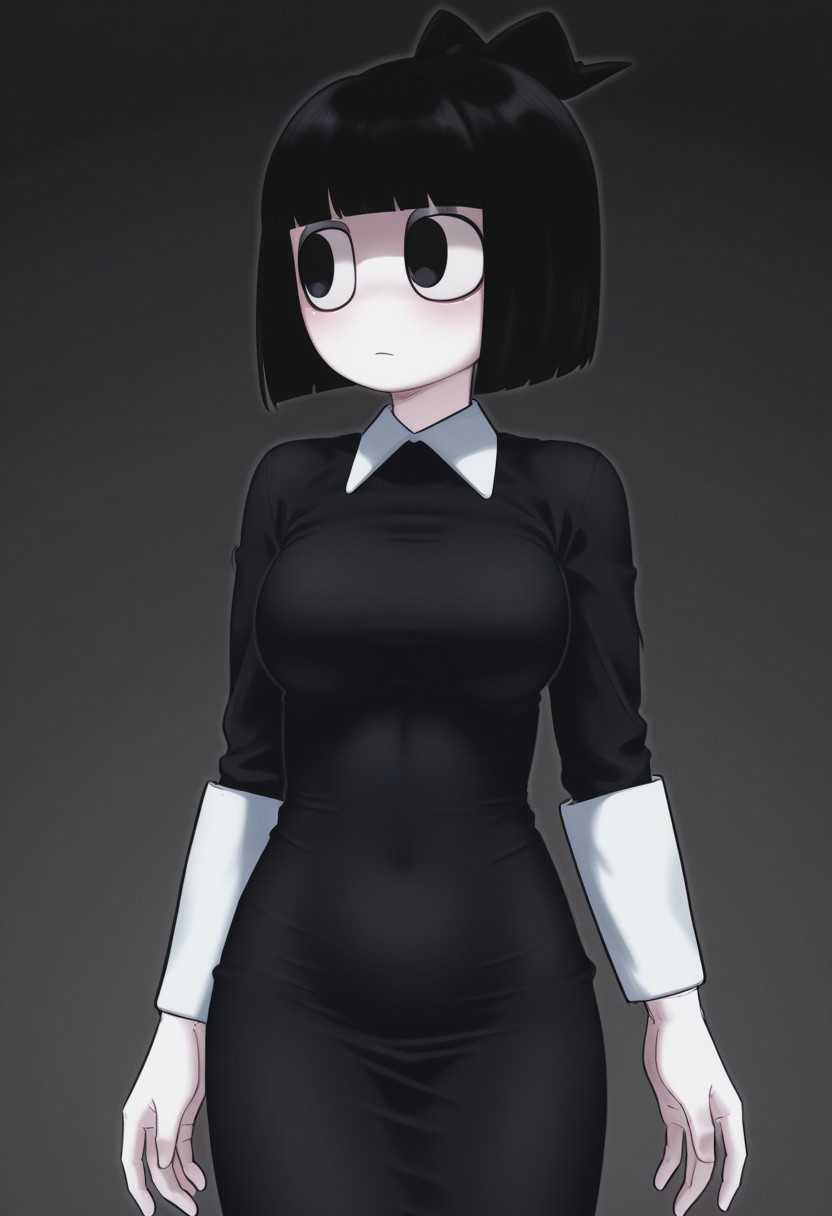1girl, solo, creepysusieILL blunt bangs, black hair, short hair, long, black dress, black eyes, bob cut, big eyes, round race, pupet girl