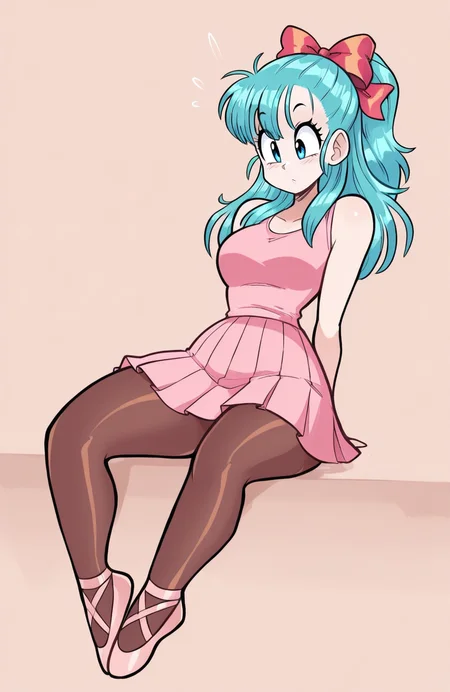 1girl, solo,
bulma, blue eyes, blue hair, long hair , trapeze artist outfit, sleeveless top, pleated skirt, pantyhose, ballet flats, hair ribbon, sitting, leaning back, energetic burst, lively eyes, dynamic tension,
 <lora:JamoART_v4:1> jamoart, extremely detailed, highres, masterpiece, best quality