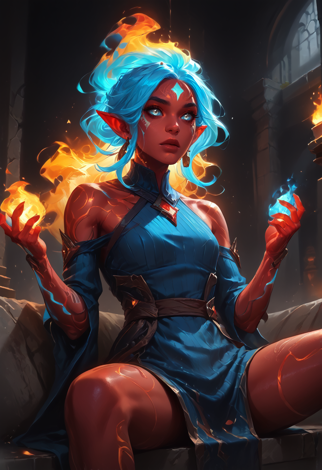 safe_pos, score_9, score_8_up, score_7_up, source_anime, source_western, source_comic BREAK 1girl, solo, fire genasi, glowing grey eyes, colored skin, (red) skin, toned body, attractive figure, small breasts, perfect hands BREAK <lora:FireGenasi:1.0> FireGenasi, fire hair, colored sclera, pointed ears, cyan fire hair, <lora:Fiery_Hair_Pony:0.6> Fiery_Hair, <lora:Glowing_light:0.7> glowing hair, colored skin, fantasy BREAK fantasy, (happy:1.0),, inside, temple, reclining, sitting, spread legs, against wall, blue ribbed dress, moist lips BREAK ((dynamic angle)), dramatic lighting BREAK <lora:vivid_everclear:0.4> <lora:RELSM_v1:0.5> <lora:FantasyGPT4VLycoXL:0.6> <lora:FNTS:0.6> FNTS, <lora:Expressive_H:0.6> Expressiveh, <lora:pony_good_hands:0.7> good_hands