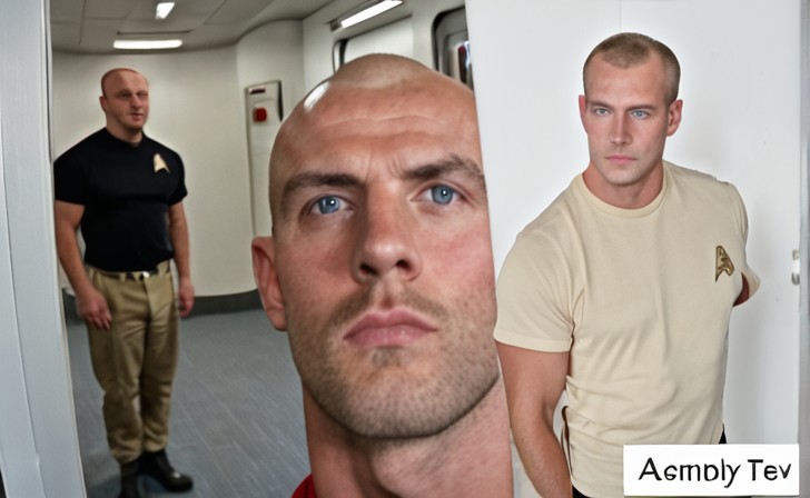 1boy, 20 year old male, Handsome, masculine, blonde, star trek, red shirt, muscle,  tall, tight shirt, wide pectorals, big shoulders, wide shoulders, muscular neck, German, standing at attention, bald, big pale blue eyes, abs, biceps, serious facial expression, phaser, hand, long bulge in his pants, ((((view from below)))),
1960 black dress pants, pants,
stunf, star trek uniform, uss enterprise ncc-1701 interior background, star trek, space ship interior, 1960s TV,