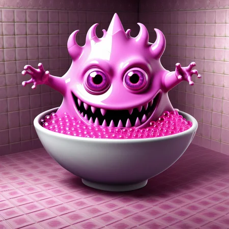 tile floor, castle, pink eyes, monster, bubble, tile wall, bowl, kitchen, drinking glass