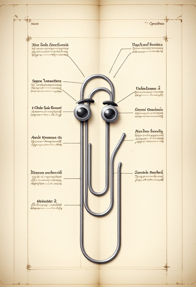 sepia (anatomysketch:1.2) of a (biomechanical:1.2) clippy, highly detailed, labeled elements, annotations