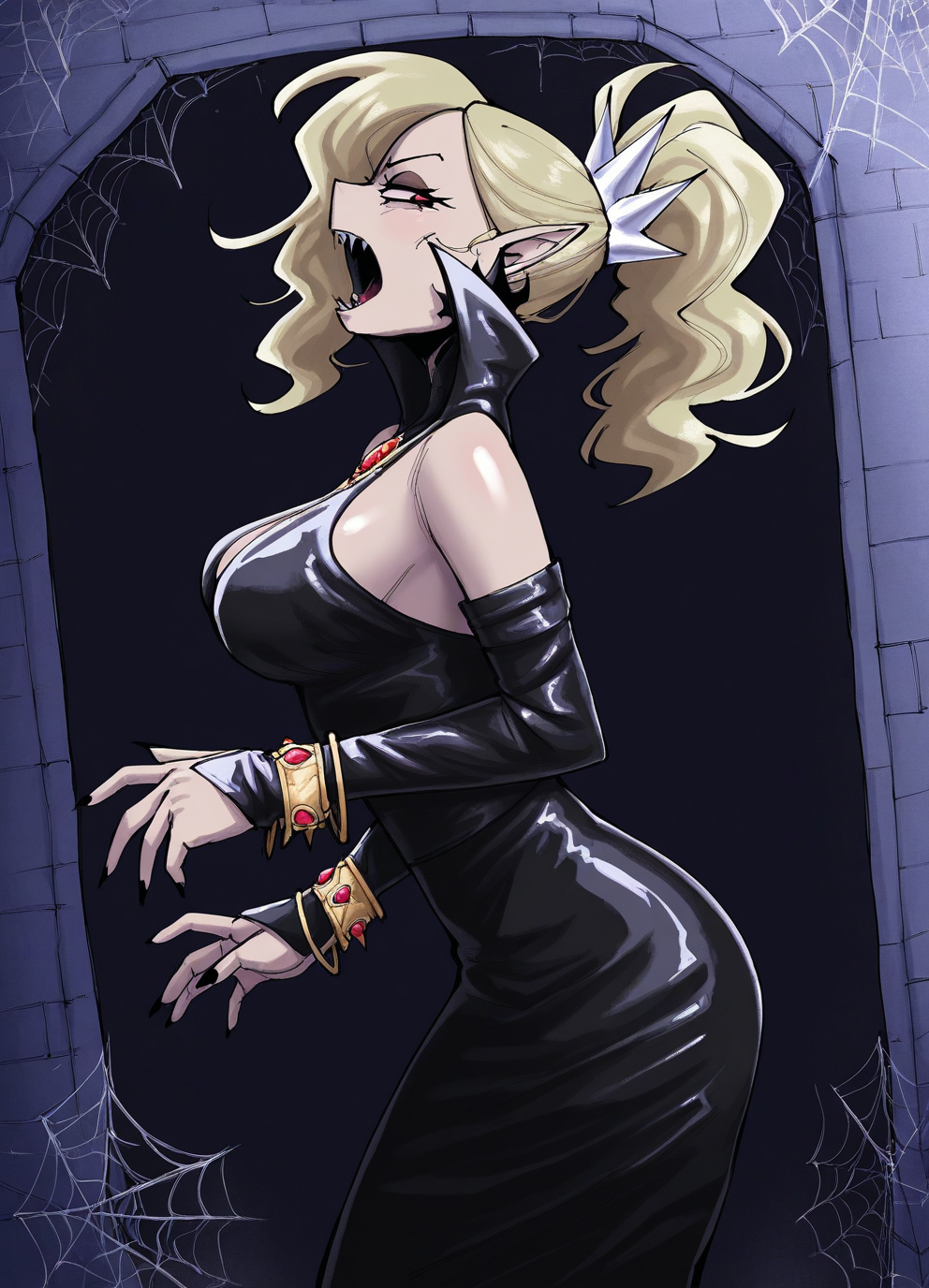 <lora:gingrjokeILLUS:1> gingrjoke,
(masterpiece), (best quality), (ultra-detailed), amazing quality, very aesthetic, illustration, perfect composition, intricate details, absurdres, incredibly absurdres, shiny skin, realistic,
dynamic pose, perspective, gingrjoke, 1girl, pointy ears, jewelry, open mouth, red eyes, blonde hair, detached sleeves, ponytail, black dress, vampire, earrings, from side, breasts, sharp fingernails, fangs, black nails, bare shoulders, bracelet, teeth, spider web
