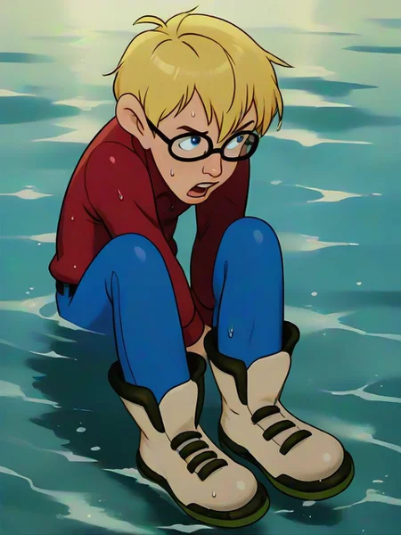score_9, score_8, score_9, BREAK, solo, open mouth, blue eyes, blonde hair, 1boy, male focus, boots, glasses, pants, looking away, sit in water, pouting, wet, <lora:Richard_Tyler_From_Pagemaster_Pony:0.9>