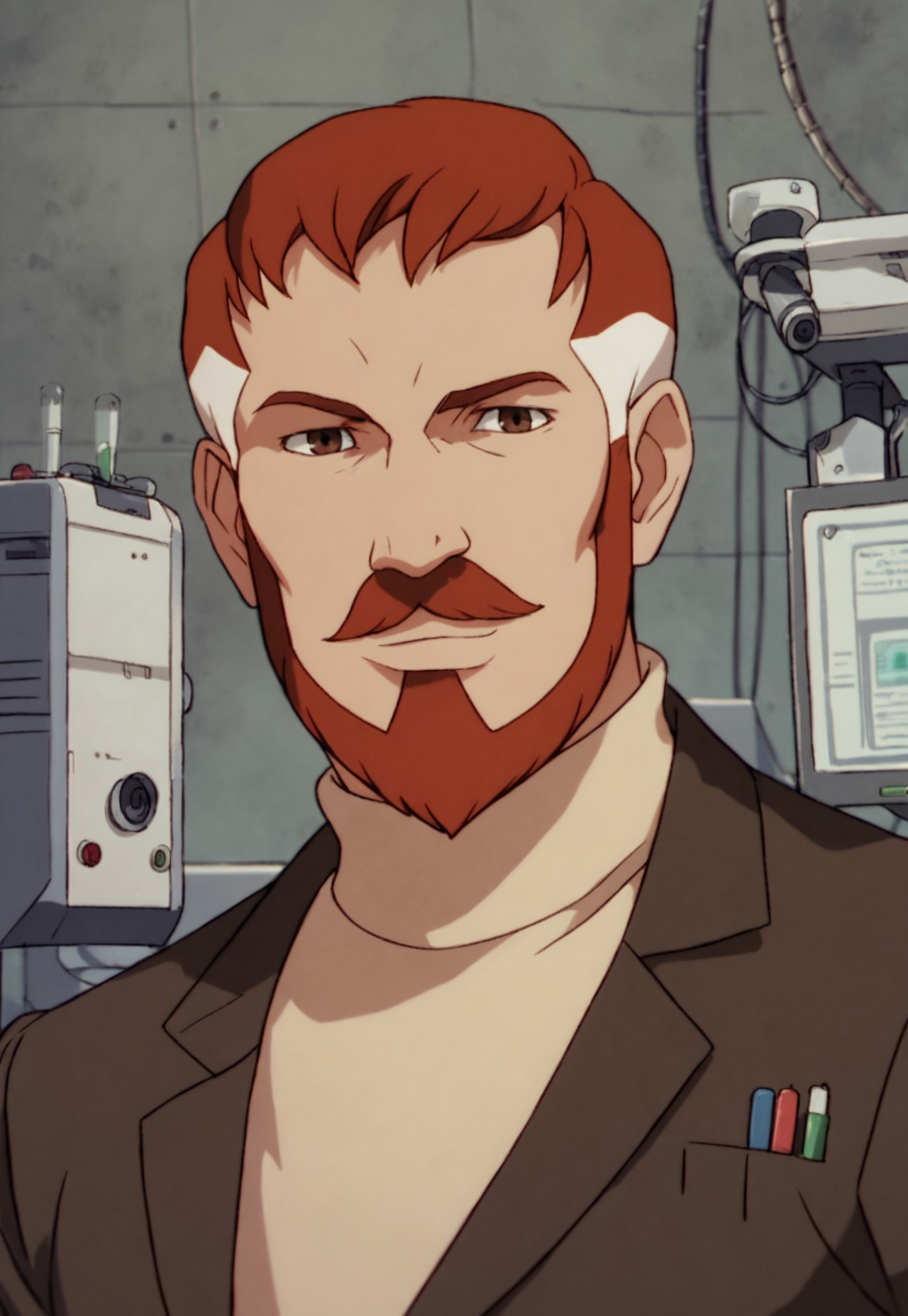 score_9, score_8_up, BentonQuest, red hair, white hair, two-tone hair, turtleneck, jacket, brown eyes, short hair, facial hair, mustache, upper body, looking at viewer, smile, laboratory, dutch angle, dynamic pose, holding a book, computer, test tubes, detailed background, 