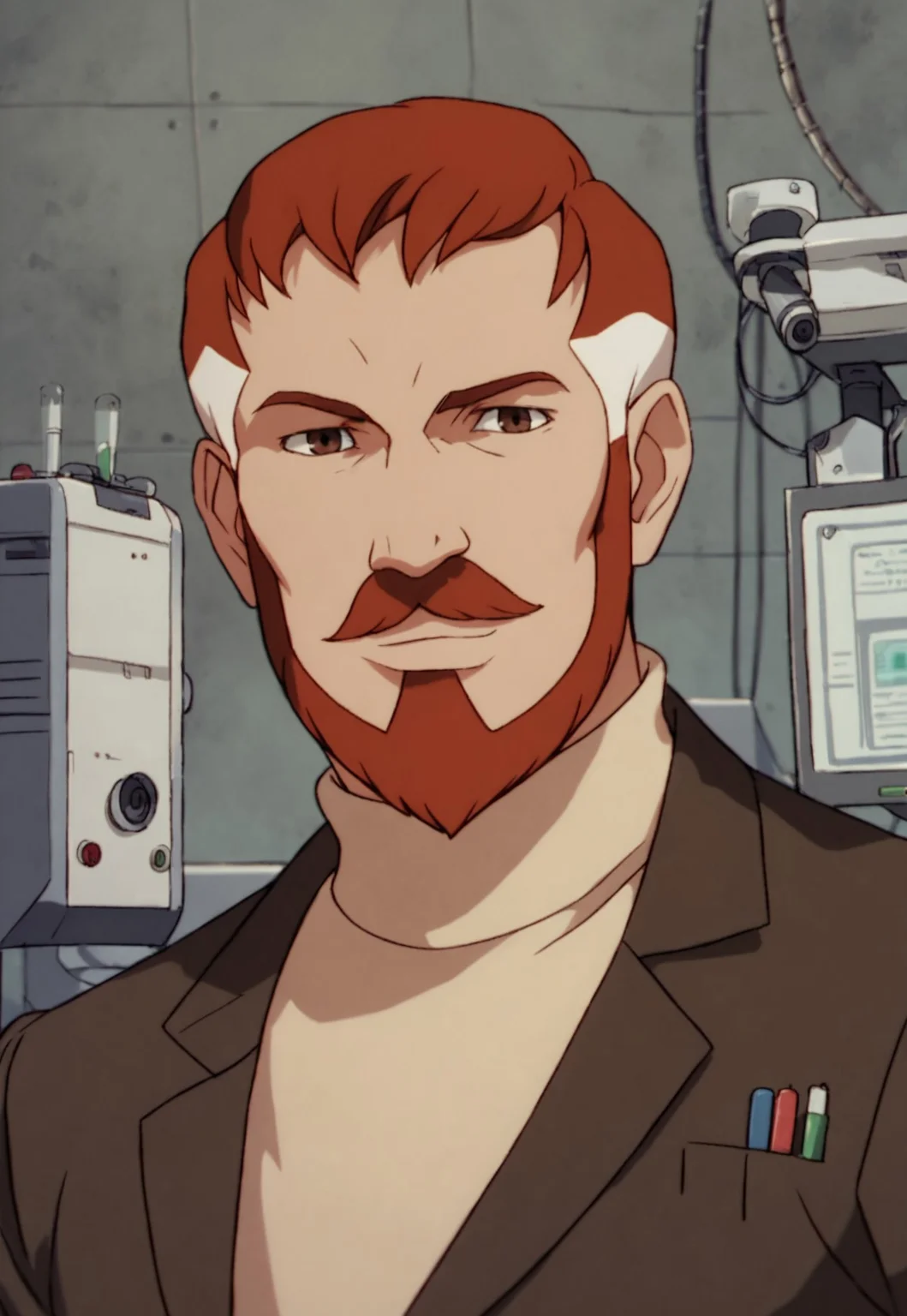 score_9, score_8_up, BentonQuest, red hair, white hair, two-tone hair, turtleneck, jacket, brown eyes, short hair, facial hair, mustache, upper body, looking at viewer, smile, laboratory, dutch angle, dynamic pose, holding a book, computer, test tubes, detailed background,