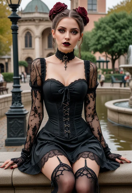 (medium full shot) of (attractive gothic maiden) young woman, italian, tan skin, olive green eyes, petite build, short brown bun hair, wearing Victorian-inspired ensemble in black lace, corseted dress, fishnet stockings, lace-up boots, Dark burgundy lipstick, heavy black eyeliner, silver eyeshadow accents, pale skin, dark nail polish, set in Fountain Plaza, Central fountain surrounded by meticulously trimmed rose bushes, benches with ornate metalwork, cobblestone pathways radiating outwards, tall lampposts casting a warm glow in the evening , woman surprised, open mouth, pointing her finger at the viewer, Masterpiece,best quality, photo, realistic, very aesthetic, detailed face,