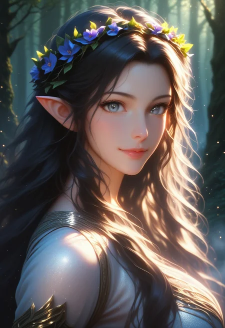 (score_9, score_8_up, score_7_up), 1girl, MILF, solo, gorgeous girl, detailed face, kawai girl, Expressiveh, <lora:add-detail-xl:1>, cute face, cute girl, Curvaceous Physique, easynegative, forest,tall trees, fog, enchanted forest, perfect quality, high quality, ambient occlusion, raytracing, source_anime, shining glossy skin, soft lighting, realistic skin, blum effect, masterpiece, absolutely eye-catching,
Lúthien, (masterpiece), best quality, expressive eyes, perfect face, black hair, ((pointy ears:0.6)), perfect eyes, ((grey eyes)), silhouette, light particles, view from side, long flowing hair, ((Lord of the Rings elven dress intricate)), simple medival dress, linen dress, flower crown, steam, fog,