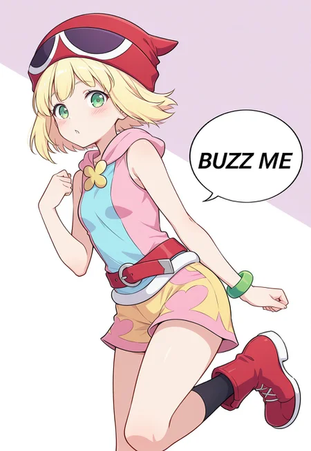 <lora:PAmitie_SDXL_Illustrious01_fp16_ver01:1>, PAmitie, 1girl, solo, blonde hair, short hair, green eyes, hat, shorts, bracelet, pink sleeveless hoodie, blue shirts, red belt, black socks, boots, (white speech bubble,english text,talking, BUZZ ME:1.2) shy, blush, cute, (masterpiece), best quality, (highly detailed), very aesthetic, absurdres,<lora:detailed_hands:1>, hand