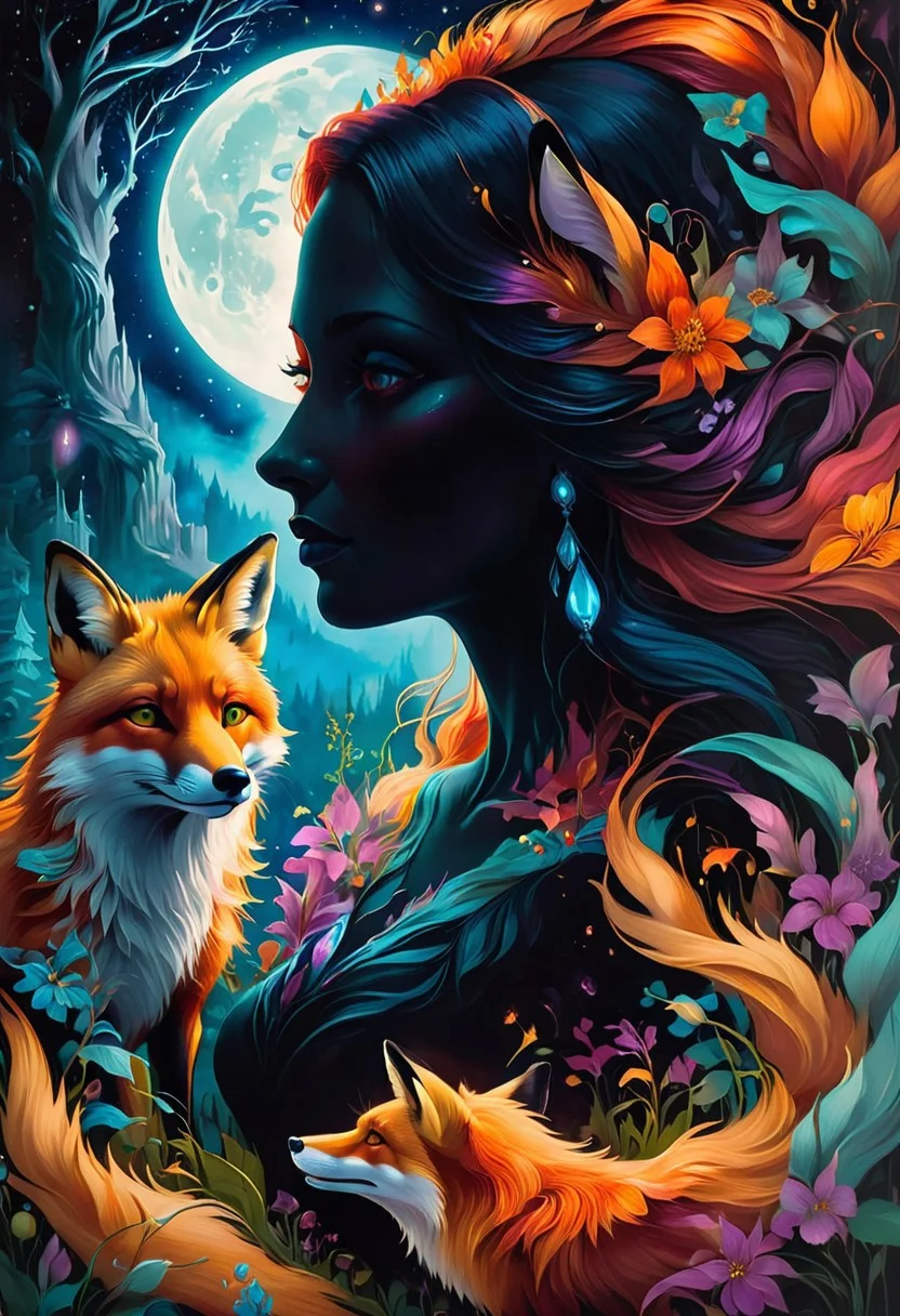 (silhouette woman with fox:2.0), An exquisite cinematic portrait illustration of a dark fantasy scene, set on a moonlight night, A silhouette of a mysterious figure stands against the vibrant glow of the full moon, casting an ethereal light on the surroundings, The background is filled with an array of fantastical creatures and flowers, all in a vibrant color palette, The overall atmosphere is mysterious and enchanting, perfect for a dark fantasy tale, portrait photography, vibrant, photo, illustration, dark fantasy, cinematic