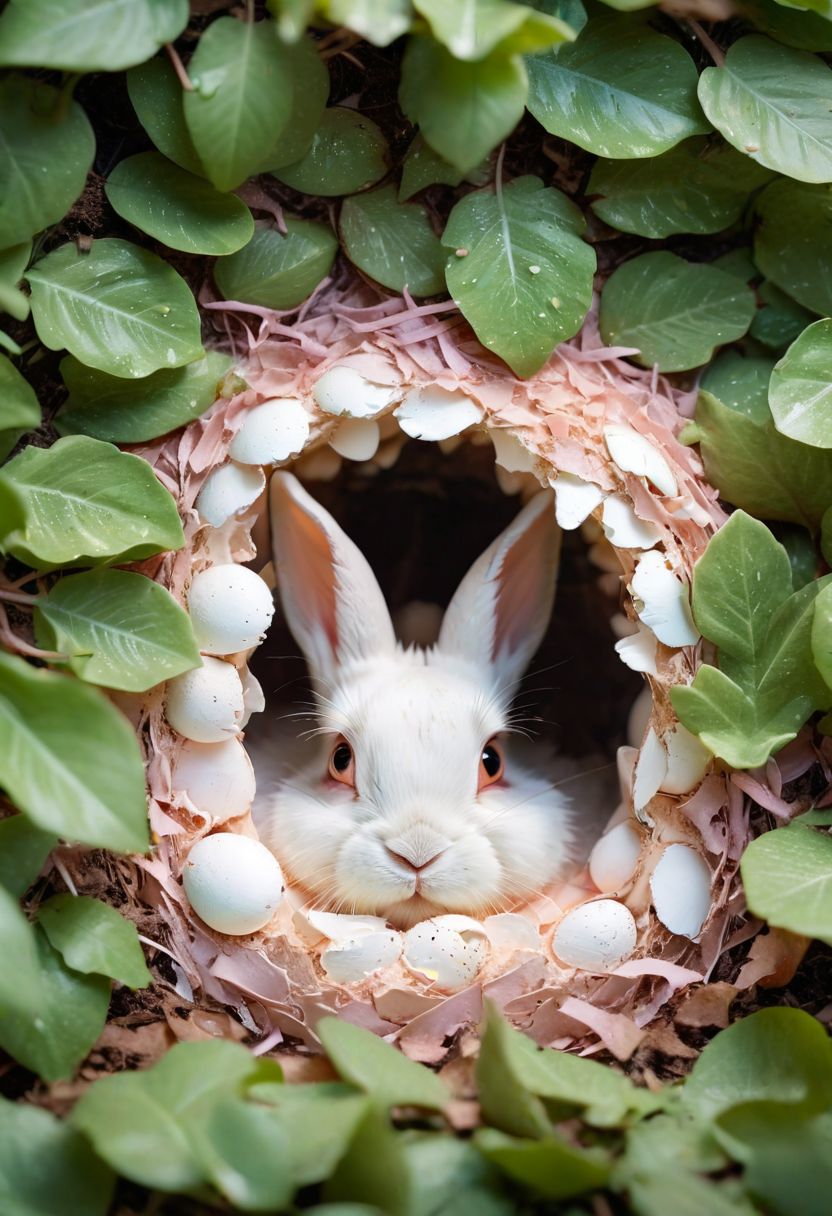 Eggshells, nest, pastel colors, cracked open, baby bunnies, wet fur, curious eyes, upside down, one bunny peeking over the edge, sunlight filtering through leaves, realistic fur texture, detailed, soft focus background