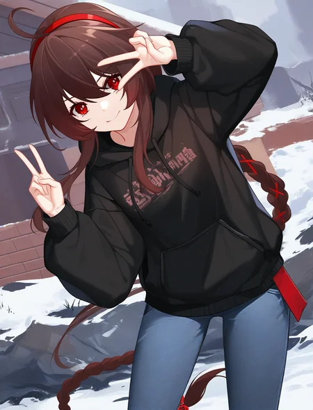 yuezheng ling,1girl,masterpiece,high quality,best quality,beautiful,v,snowy moutain,standing,hoodie,jeans,