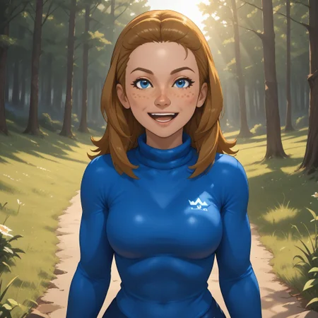 score_9, score_8, BREAK, solo, wii, mii, dark blonde hair, blue eyes, freckles, open mouth, dark blue clothing, 1girl, black pants, breasts, Abby_(Wii_Sports), wii sports, female mii, 1girl, cute, shoes, nintendo mii, modern_mii, classic_mii, sexy pose, smile, outdoors, sunlight, shadows, evening lighting, natural lighting, forest, trees, grass, orange sky, sunset