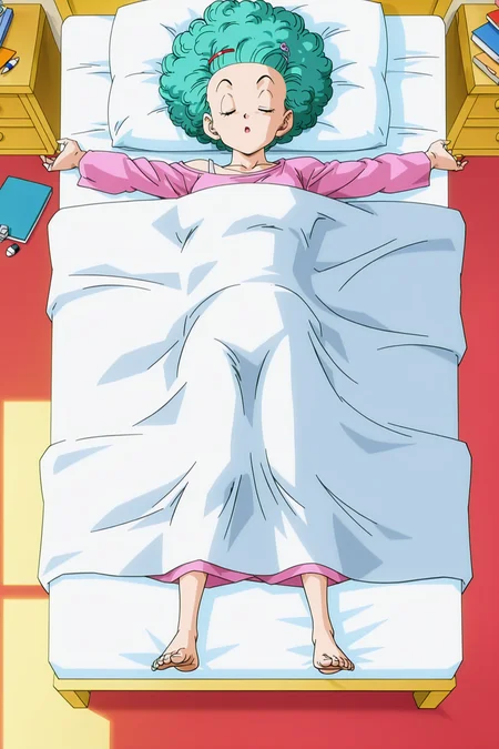 anime screencap, masterpiece, best quality, amazing quality, very aesthetic, absurdres, newest, (scenery, volumetric lighting),
bulma, dbz, mecha frieza saga, official style, 1girl, solo, short hair, open mouth, aqua hair, closed eyes, lying, barefoot, indoors, hairpin, pillow, book, bed, sleeping, blanket, bedroom, pencil, notebook, eraser, pink dress shirt, single bare shoulder, from above, outstretched arms, big hair, afro curly hair, dappled sunlight,
<lora:Bulma_XIL:0.8>