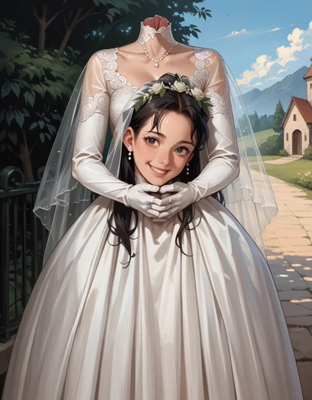 score_9, score_8_up, score_7_up, score_6_up, score_5_up, score_4_up, 1girl, long black hair, wedding dress, veil, white gloves, ring, hud_s3v_h3ad, holding, holding head, smile, <lora:hud_s3v_h3ad_XLP:1>,outdoors