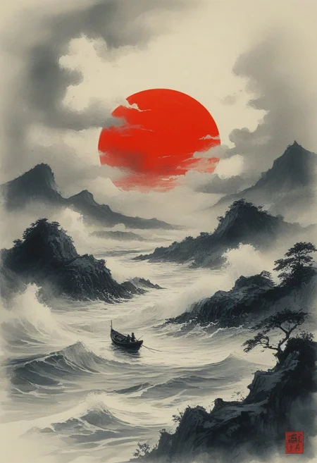 Japanese ink art, roaring sea, fluffy clouds, blue sky, traditional boat, big red sun, dramatic waves, misty horizon, fluid brushstrokes, ancient Japanese artistry, detailed ink work, powerful water movement, stylized clouds, Zen landscape, ukiyo-e influence, contrasting black ink against bright red, natural energy, serene yet dynamic composition, monochrome ink technique, expressive water textures, minimalist boat silhouette, peaceful yet turbulent scene, balance between chaos and calm, detailed horizon line, ancient Japanese artist inspiration, delicate brush strokes, serene atmosphere, traditional Japanese painting, dramatic sun positioning, visual balance, ink wash technique, inspired by Hokusai, score_9_up, score_8_up, score_7_up.