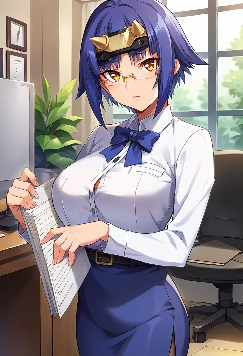 score_9, score_8_up, score_7_up, source_anime, masterpiece BREAK rating_safe, ct_k4guya, blue hair, short hair, large breasts, forehead protector, looking at viewer, indoors, office, cowboy shot, office lady, semi-rimless eyewear, <lora:Kaguya_OnnaKanbu_Pony_ct:0.9>