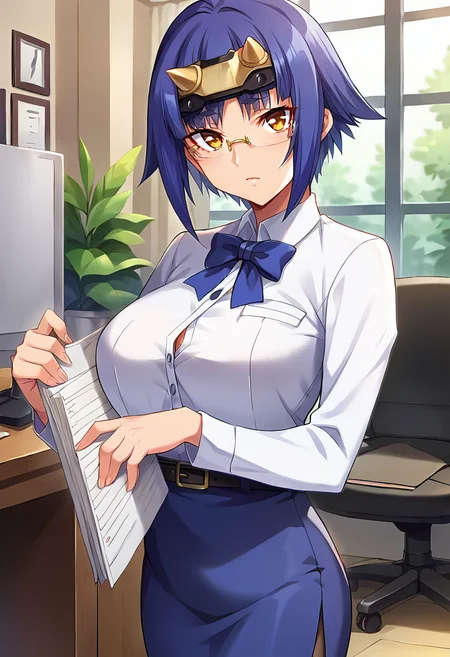 score_9, score_8_up, score_7_up, source_anime, masterpiece BREAK rating_safe, ct_k4guya, blue hair, short hair, large breasts, forehead protector, looking at viewer, indoors, office, cowboy shot, office lady, semi-rimless eyewear, <lora:Kaguya_OnnaKanbu_Pony_ct:0.9>