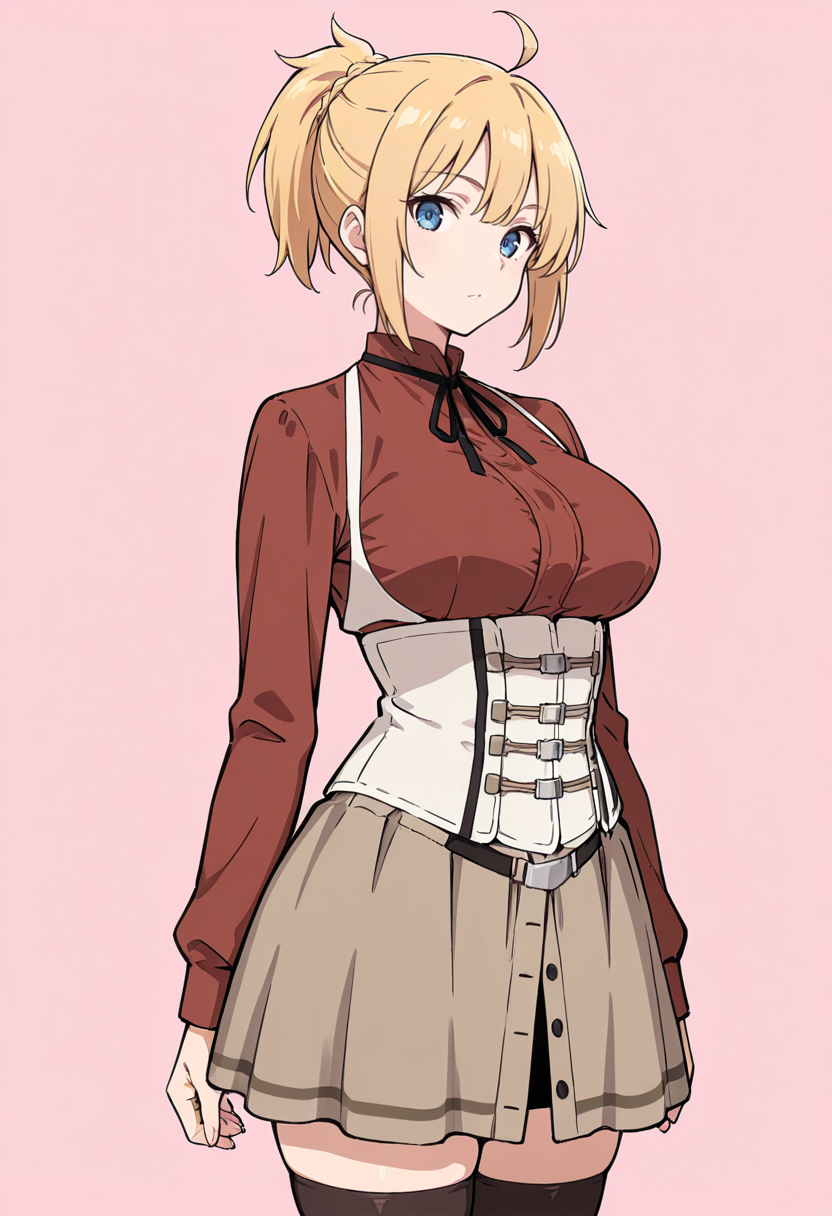 masterpiece, best quality,
1girl, solo, cowboy shot,
standing,
looking at viewer,
<lora:Zenith_Greyrat:1> Z3n1thGr41r4t, blue eyes, blonde hair, ponytail, ahoge, 
brown skirt, thighhighs, shirt, corset, long sleeves, neck ribbon, 
simple background, pink background,