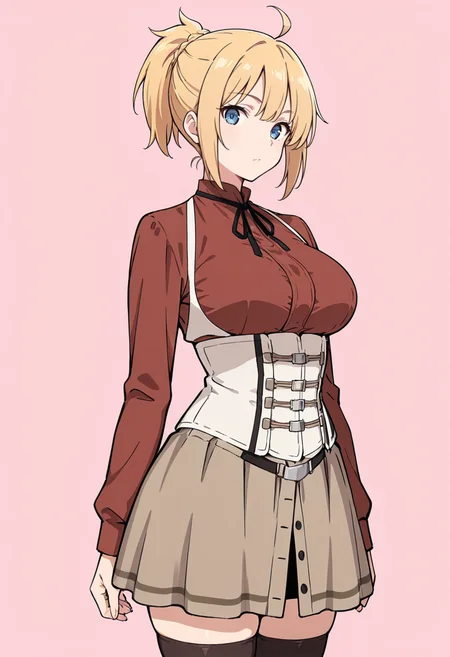 masterpiece, best quality,
1girl, solo, cowboy shot,
standing,
looking at viewer,
<lora:Zenith_Greyrat:1> Z3n1thGr41r4t, blue eyes, blonde hair, ponytail, ahoge,
brown skirt, thighhighs, shirt, corset, long sleeves, neck ribbon,
simple background, pink background,