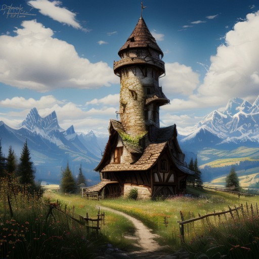 realistic analog photo, award winning photo, 
fantfa, background, mountains, apple trees, foreground, field, house, fence, farm, farmland, witow, a tall high fantasy wizard tower, blue sky
wide shot, high-quality, crisp, sharp, professional-grade, high-resolution, fine detail, accurate colors, low noise, fast shutter speed, wide dynamic range, precise focus, RAW, highres, 8k, uhd, High Dynamic Range, tonemapping, crisp details,