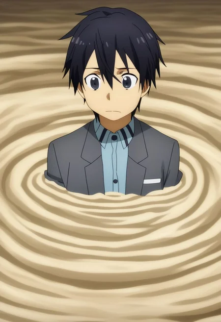 high resolution, professional photography, solo, best quality, 1Boy, Kazuto Kirigaya, Black Hair, Black Eyes, panicking, asking for help, trapped, quicksand, dying, OverallDetail