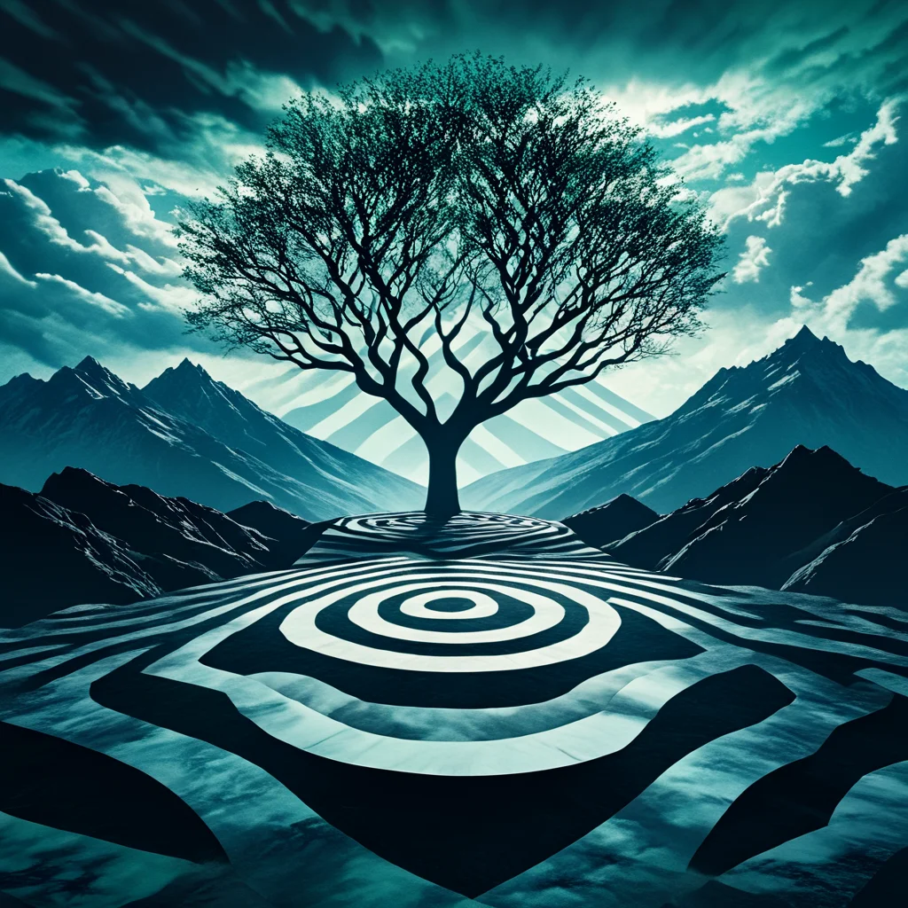 <lora:Geometric_Dreamlike_Movie_r1:1> tree, solo, cloud, sky, outdoors, bare tree, scenery, standing, cloudy sky, silhouette, ArsMovieStill, A dreamlike movie still, The image is a digital art piece that appears to be a surreal landscape with a large tree in the center. The tree is bare and has no leaves with no branches or leaves. It is standing on a circular pathway that leads to the top of the tree. The pathway is made up of multiple concentric circles that are arranged in a zigzag pattern. The circles are black and white creating a sense of depth and dimension. In the background there are mountains and a cloudy sky. The overall mood of the image is dark and mysterious with a hint of blue and green tones. The image conveys a feeling of loneliness and isolation.