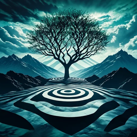 <lora:Geometric_Dreamlike_Movie_r1:1> tree, solo, cloud, sky, outdoors, bare tree, scenery, standing, cloudy sky, silhouette, ArsMovieStill, A dreamlike movie still, The image is a digital art piece that appears to be a surreal landscape with a large tree in the center. The tree is bare and has no leaves with no branches or leaves. It is standing on a circular pathway that leads to the top of the tree. The pathway is made up of multiple concentric circles that are arranged in a zigzag pattern. The circles are black and white creating a sense of depth and dimension. In the background there are mountains and a cloudy sky. The overall mood of the image is dark and mysterious with a hint of blue and green tones. The image conveys a feeling of loneliness and isolation.