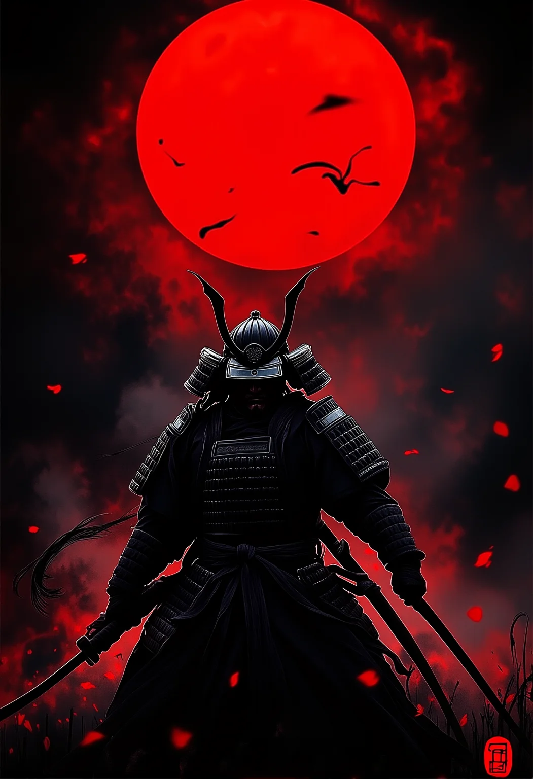 . A wide-angle shot of a male Samurai engaged in a duel under a blood-red moon wearing traditional black armor with intricate red details, with a blood-red moon in the background. The atmosphere is mysterious and cinematic, with splashes of red accents blending into the scene., <lora:bv-crimson-ronin-style-v1.safetensors:1.0:1.0>