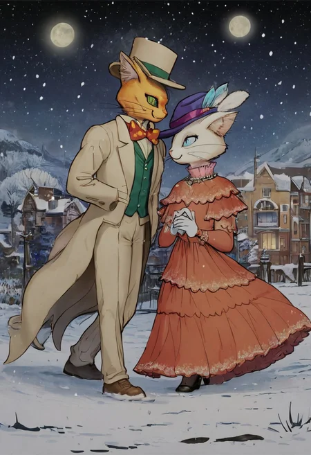 score_9, score_8_up, score_8, cute, in the style of beatrix potter, cel-shading, fca style, baroness louise, white fur, cat, female cat, anthro, baron humbert, ginger fur, cat, male, anthro, suit, tuxedo, blue bow-tie, blow-tie, white gloves, 1girl, furry, hat, 1boy, bowtie, dress, whiskers, hetero, bow, furry female, furry male, formal, gloves, traditional bowtie, top hat, smile, suit, animal ears, elbow gloves, red dress, smiling, blue eyes, walking, walking together, small town background, at night, moon, starry sky, snowy, snowing, nice landscape, woth design