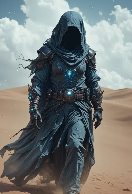 Fantasy-themed digital artwork featuring a mysterious, cloaked figure in a desert landscape. The figure is draped in flowing, tattered robes of various shades of blue and gray, with a hood obscuring their face. Glowing blue lights emanate from within the hood, suggesting an ethereal or otherworldly presence. The figure's right arm is mechanical, with intricate details and glowing blue accents, while the left hand holds a small, glowing orb. The background consists of soft, rolling sand dunes under a cloudy sky, adding to the mystical and surreal atmosphere of the scene.