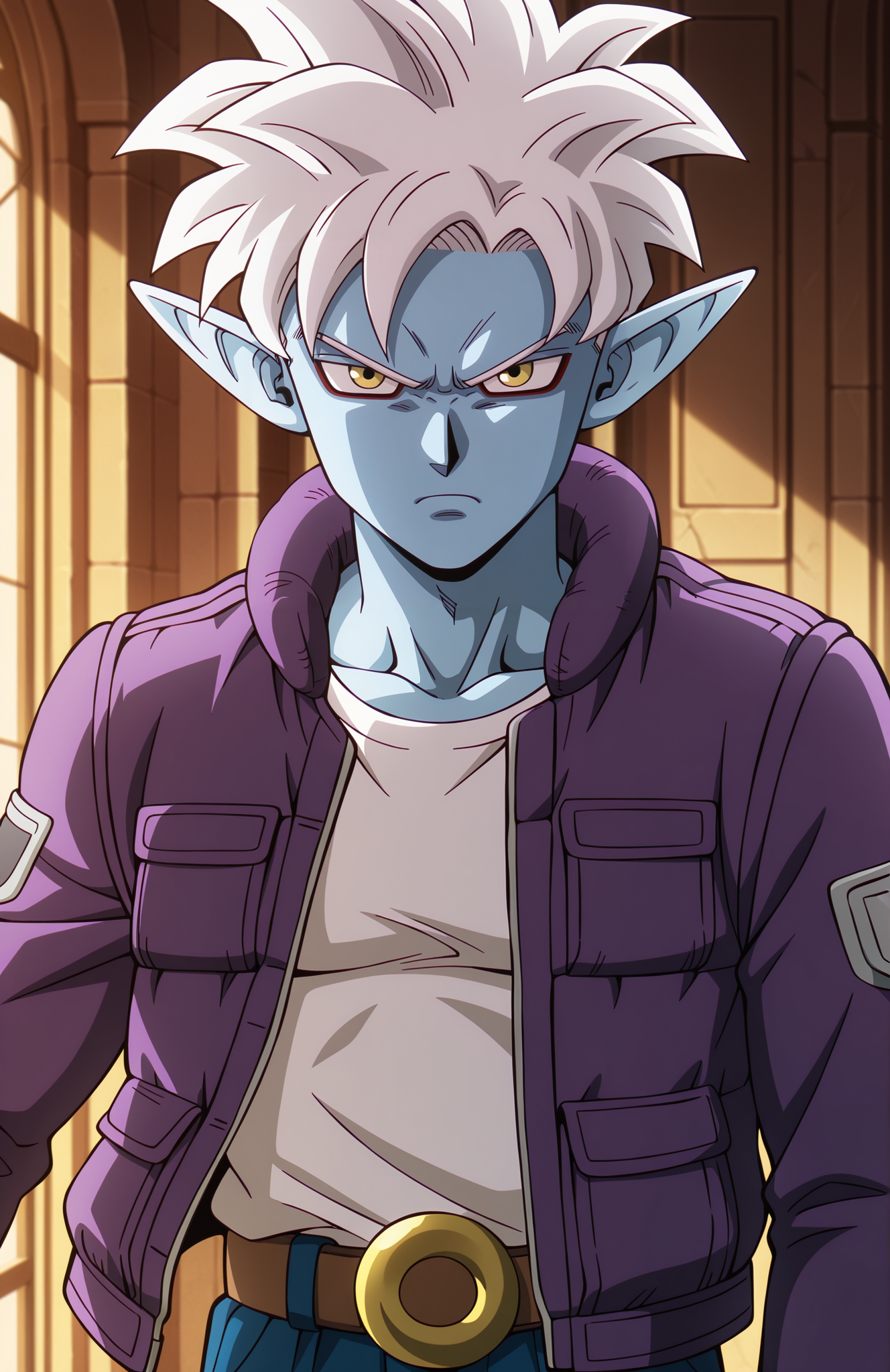 <lora:Daima_v4:0.9> dbdaima, solo, male focus, lazypos, anime screenshot,
1boy, glorio, white hair, short hair, yellow eyes, blue skin, pointy ears, black nails,
purple jacket, open jacket, white shirt, blue pants, brown belt, frown, serious, looking at viewer,