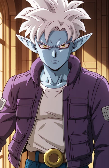 <lora:Daima_v4:0.9> dbdaima, solo, male focus, lazypos, anime screenshot,
1boy, glorio, white hair, short hair, yellow eyes, blue skin, pointy ears, black nails,
purple jacket, open jacket, white shirt, blue pants, brown belt, frown, serious, looking at viewer,