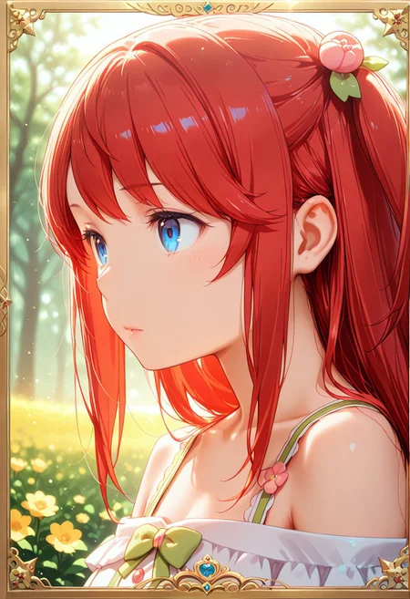 1girl, solo, masterpiece, best quality, newest, absurdres, CG, anime, source anime, illustration, very aesthetic, high resolution, ultra-detailed, newest, scenery, medium depth of field, rule of thirds, masterpiece-level, clean lines, sharp, focused subject, <lora:Theresia_van_Astrea_r1:1>
BREAK 1girl, solo, Theresia_van_Astrea, t_theresia, hair ornament, long hair,white dress, red hair,dress,flower, hair flower,two side up
closeup, closeup to face, portrait, outside border
simple background
cinematic angle, various angles, detailed background, beautiful background, (rays light:1.0),(grow:1.0), light particles