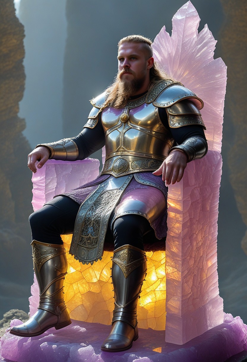flu0rite, iridiscent, VALHERO viking king wearing armor sitting on a fluorite throne