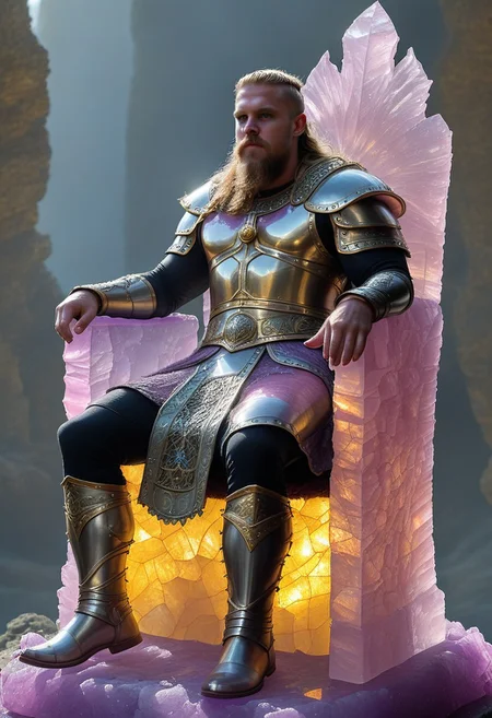 flu0rite, iridiscent, VALHERO viking king wearing armor sitting on a fluorite throne