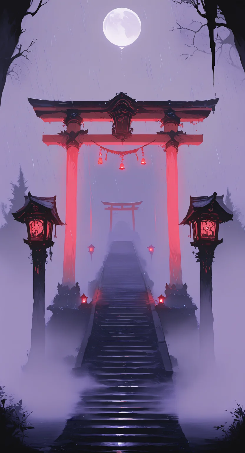 masterpiece, best quality, good quality, very awa, newest, highres, absurdres, torii gate, moon, rainy night, mystical forest, lanterns, mist, moonlight, serene, atmosphere, fog, steps, glowing light, tranquil_ambience, limited palette, <lora:illustriousXL_stabilizer_v1.23:0.3> <lora:NOOB_vp1_detailer_by_volnovik_v1:0.3> <lora:ponyv6_noobE11_2_adamW-000017:0.3> <lora:114558v4df2fsdf5:0.6> <lora:XXX667:0.4> <lora:mon_monmon2133:0.5>