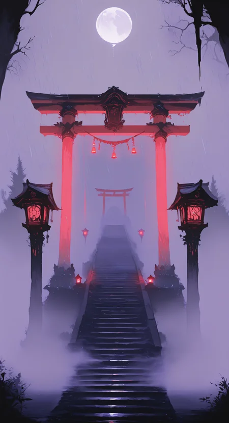 masterpiece, best quality, good quality, very awa, newest, highres, absurdres, torii gate, moon, rainy night, mystical forest, lanterns, mist, moonlight, serene, atmosphere, fog, steps, glowing light, tranquil_ambience, limited palette, <lora:illustriousXL_stabilizer_v1.23:0.3> <lora:NOOB_vp1_detailer_by_volnovik_v1:0.3> <lora:ponyv6_noobE11_2_adamW-000017:0.3> <lora:114558v4df2fsdf5:0.6> <lora:XXX667:0.4> <lora:mon_monmon2133:0.5>