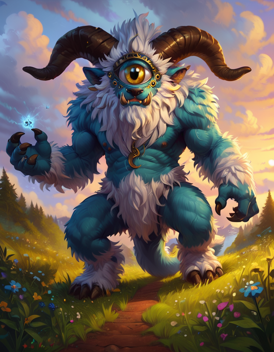 ral-cyclops, score_9, score_8_up, score_7_up, score_6_up, score_5_up, score_4_up, solo,looking_at_viewer,full_body,yellow_eyes,flower,outdoors,horns,sky,cloud,tree,pokemon_(creature),no_humans,fangs,cloudy_sky,grass,sunset,twilight,tusks <lora:ral-cyclops-pony:1>