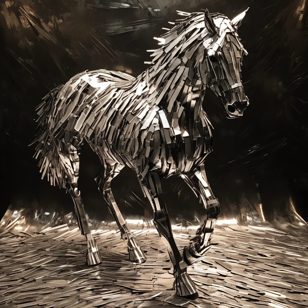 franglamex professional photo horse in the field made of metal, high details and very detailed, cinematic, professional light, black background <lora:franglamex:1>