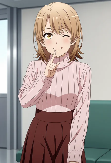 anime screencap,
<lora:YahariOreNoSeishunLoveComedy_IsshikiIrohaXL:0.9>,
1girl, solo, closed mouth, smile, blush, tongue out, one eye closed,
medium hair, multicolored hair, light brown hair, brown hair, multicolored eyes, yellow eyes, hair between eyes,
IrohaCasual, turtleneck sweater, ribbed sweater, pink sweater, long sleeves, high-waist skirt, pleated skirt, red skirt, black pantyhose,
v, finger to face,
thigh gap, cowboy shot, standing, looking at viewer,
indoors, blurry background