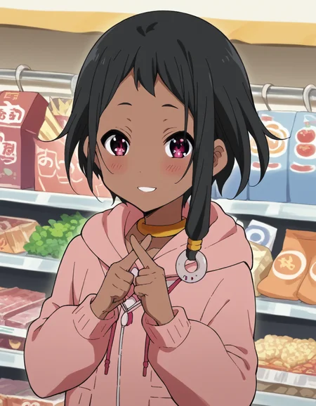 score_9, score_8_up, score_7_up, source_anime, <lora:choi-mochimazzi-s1-ponyxl-lora-nochekaiser:1>, choi mochimazzi, short hair, black hair, dark skin, dark-skinned female, pink eyes, sidelocks, jewelry, hoodie, pink hoodie, skirt,, market stall, goods, people, shopping, vendor, smile, <lora:x-fingers-ponyxl-lora-nochekaiser:1>, x fingers, blush, parted lips,, looking at viewer, solo,, dutch angle, cowboy shot